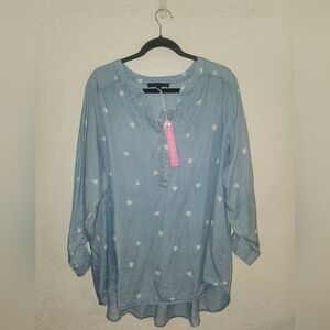 NWT Jane+Delancey "Chambray Blue Flowy Tunic Top w/White Hearts🤍" 💯%Lyocell 1X
